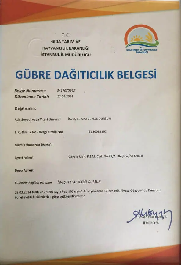 Gübre dağıtıcılık belgesi