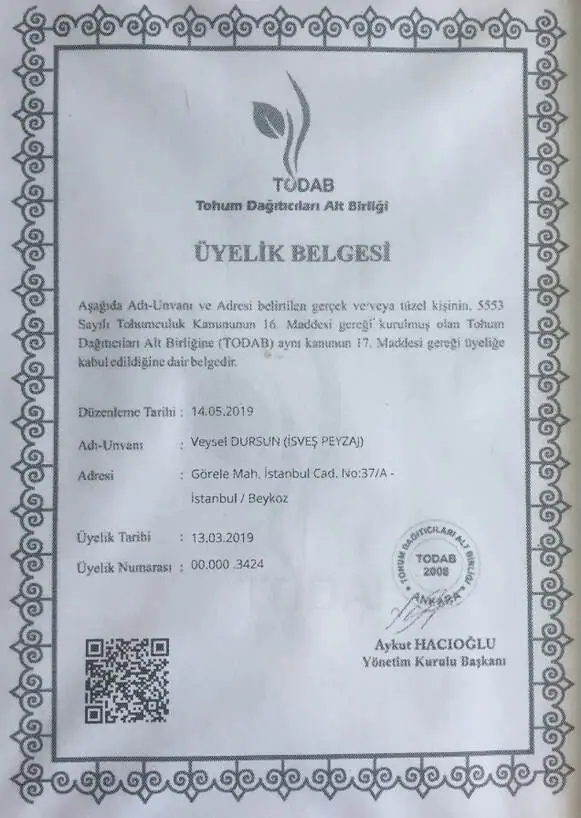 TODAB üyelik belgesi