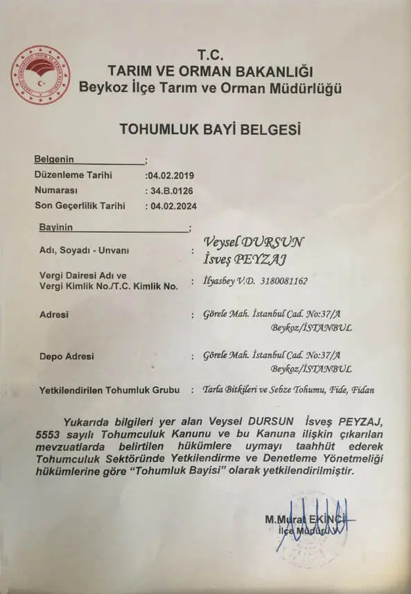Tarım ve Orman Bakanlığı tohumluk bayi belgesi